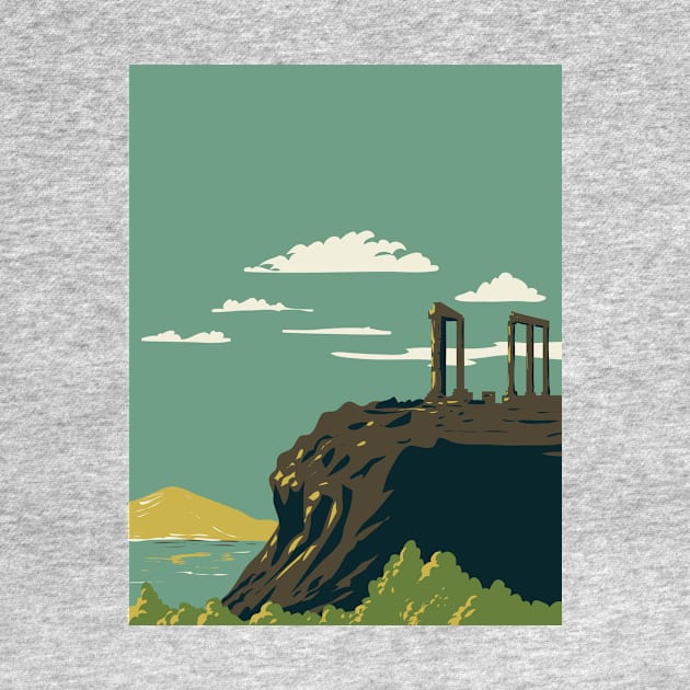 Cape Sounion with Temple of Poseidon Ruins Greece WPA Art Deco Poster by retrovectors